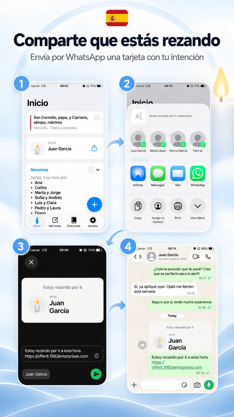 Flujo para compartir de OfferIt — envía por WhatsApp una tarjeta con tu intención